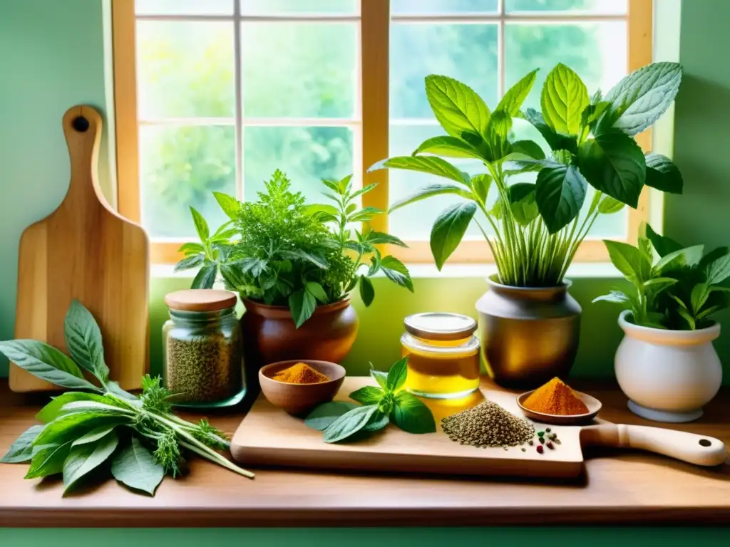 Una escena vibrante de cocina con hierbas medicinales, evocando bienestar y deleite culinario