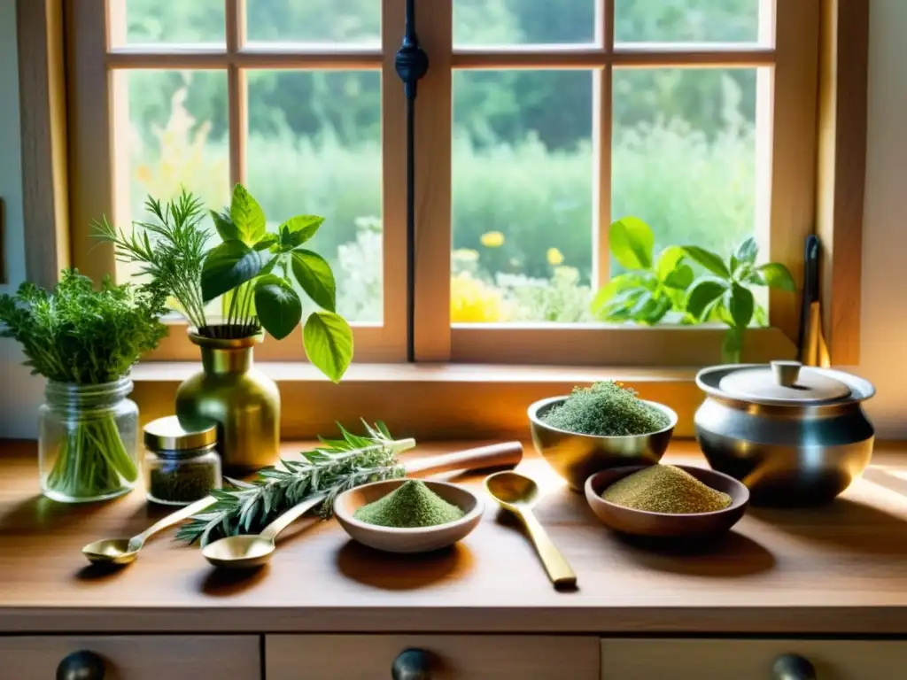 Una escena vibrante de cocina con hierbas y especias, bañada por la luz del sol