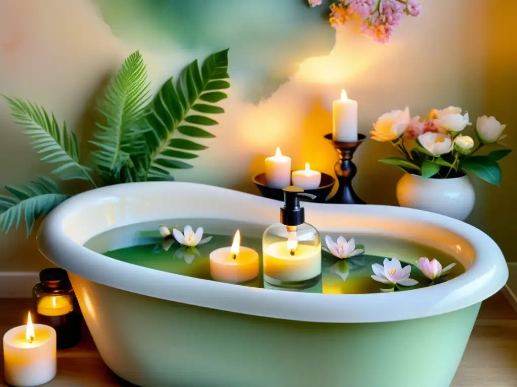 Un escenario sereno de spa, con una lujosa bañera rodeada de velas, flores y vegetación