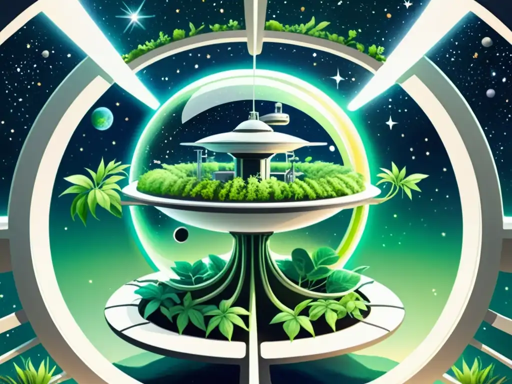 Estación espacial futurista con cultivo de plantas en microgravedad