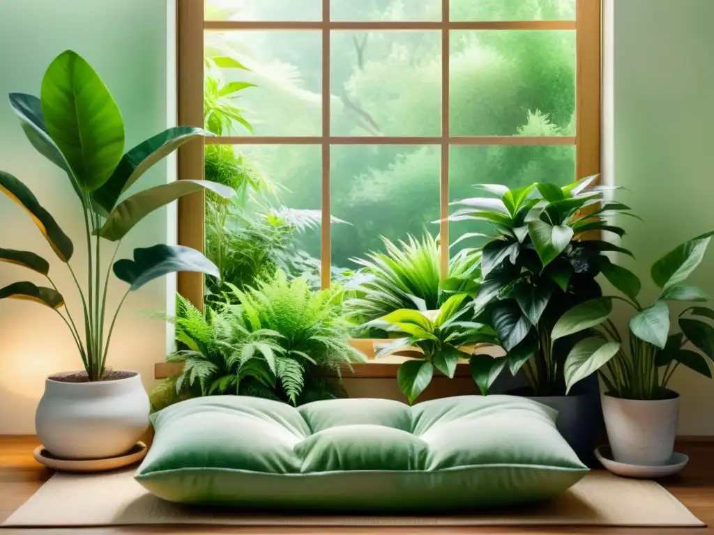 Espacio de meditación en casa con plantas medicinales para meditación en casa que exudan una energía curativa y una atmósfera de tranquilidad y paz