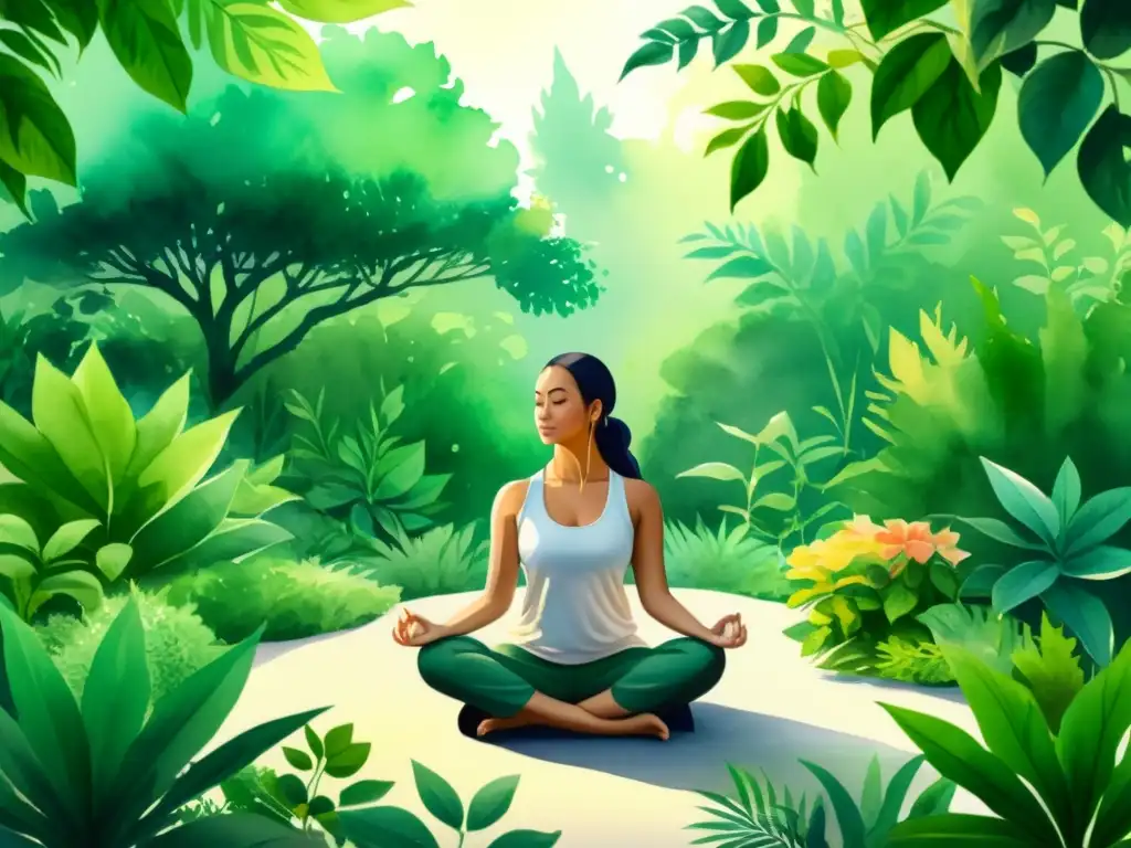 Un espacio de meditación rodeado de plantas medicinales para meditación, con luz suave filtrándose entre las hojas y creando una atmósfera serena