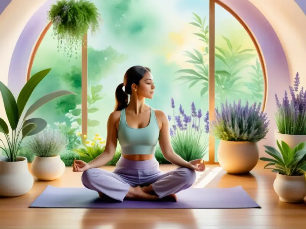 Un espacio de yoga y meditación sereno con plantas medicinales cultivadas para yoga