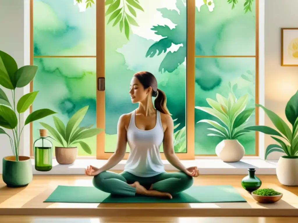 Un espacio de yoga tranquilo con luz natural, plantas exuberantes y aceites herbales