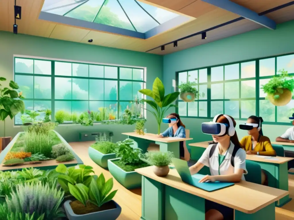 Estudiantes en realidad virtual interactúan con plantas medicinales en aula futurista