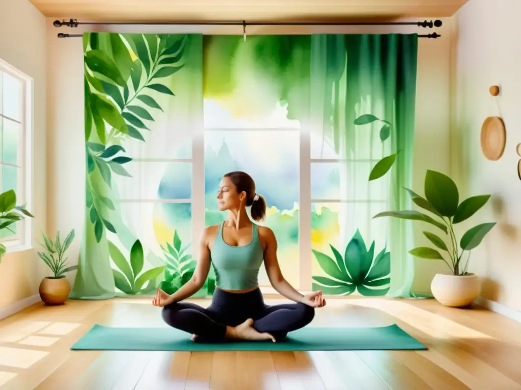 Un estudio de yoga sereno, iluminado con luz natural y aromas de aceites esenciales, fusionando aromaterapia y yoga