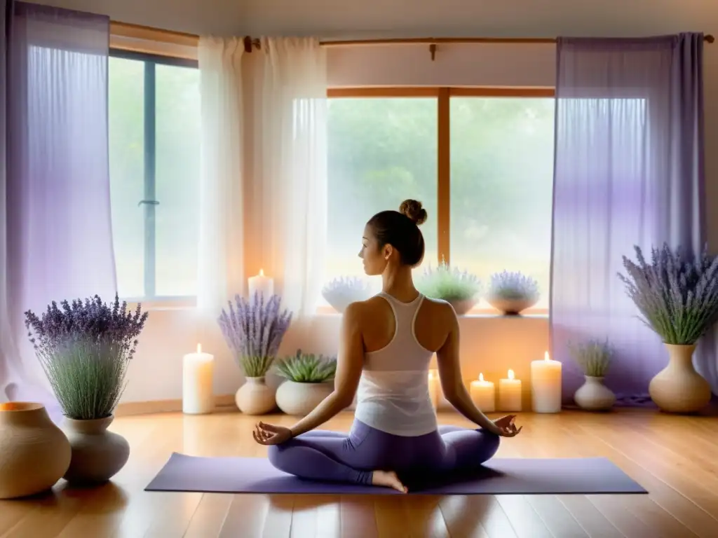 Un estudio de yoga tranquilo con aromaterapia beneficios: luz suave, plantas de lavanda, velas delicadas y una práctica serena