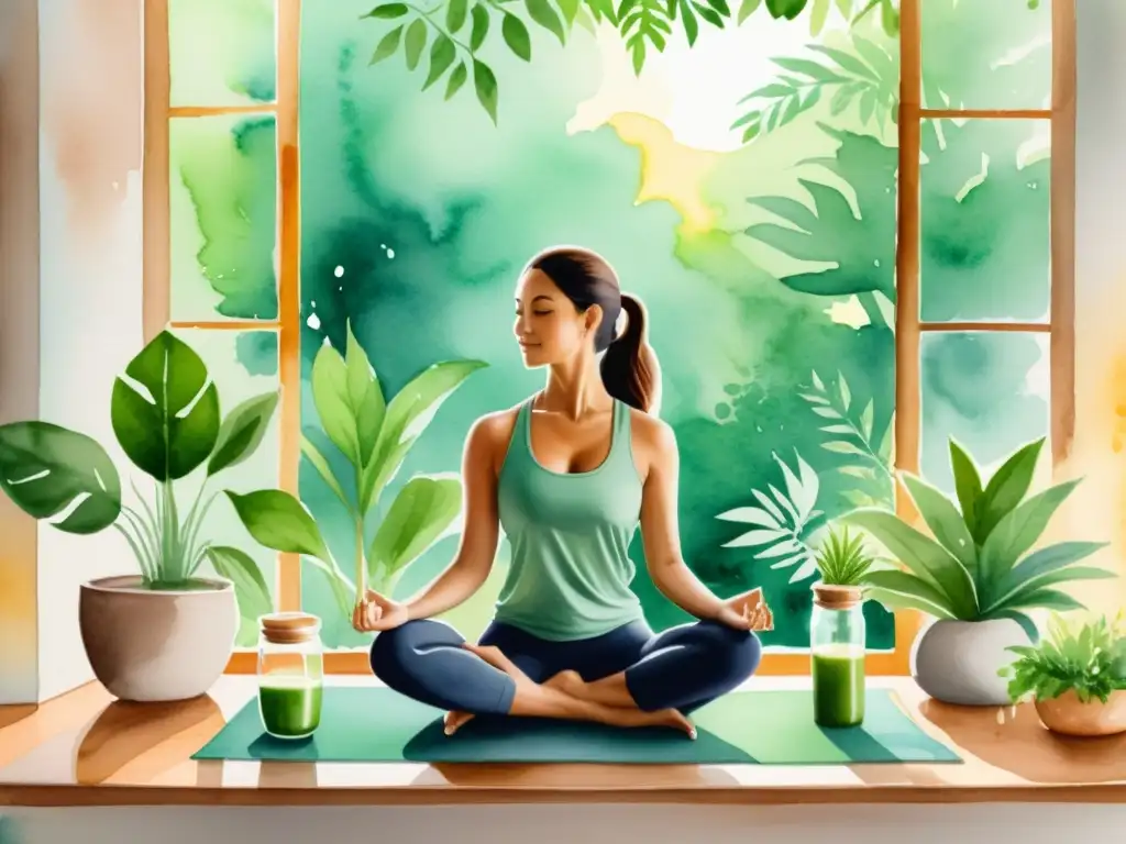 Un estudio de yoga tranquilo con un yogui meditando entre vegetación exuberante