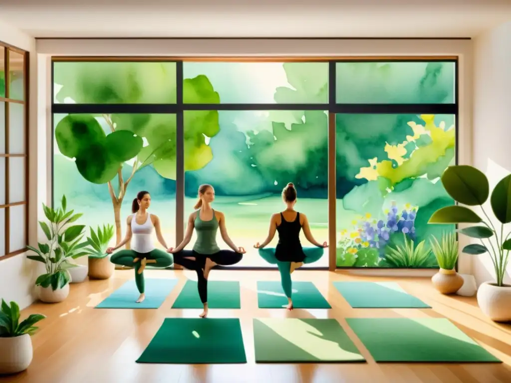 Un estudio de yoga sereno y floral, con luz natural y aroma a aceites esenciales