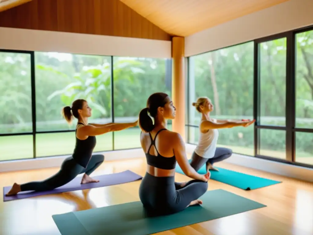 Un estudio de yoga sereno con grandes ventanas que dan a un jardín verde