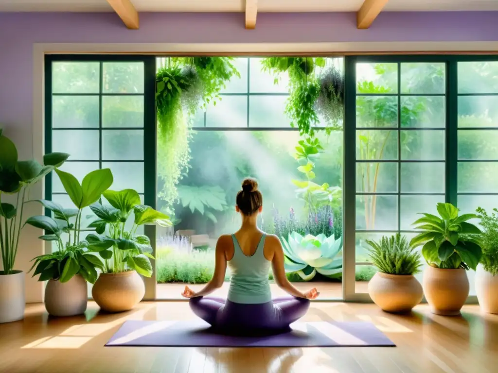 Un estudio de yoga sereno con hierbas medicinales para práctica Pranayama, envuelto en luz natural y calma