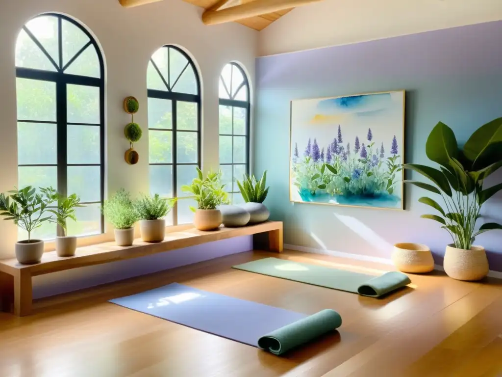 Un estudio de yoga sereno con luz natural y plantas medicinales como lavanda, eucalipto y manzanilla