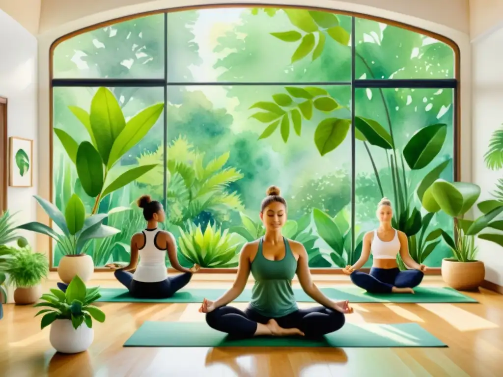 Un estudio de yoga sereno con plantas exuberantes y practicantes de yoga en poses, capturando la armonía natural y la serenidad