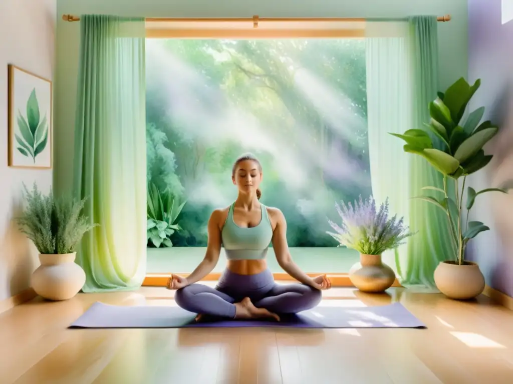 Un estudio de yoga sereno con plantas medicinales para limpiar aura, luz natural suave y figura en postura de yoga