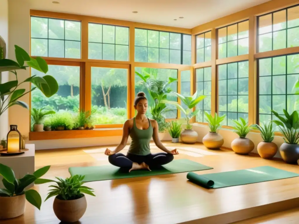 Un estudio de yoga sereno con plantas exuberantes y elixires herbales, bañado por luz dorada