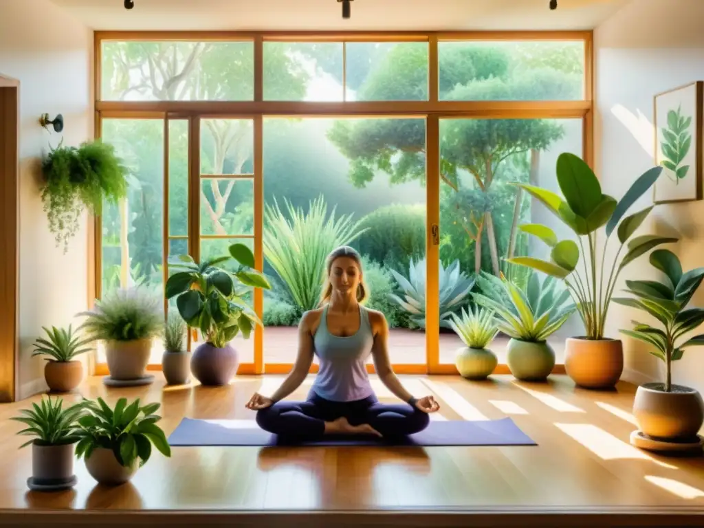 Un estudio de yoga sereno con plantas medicinales para limpiar aura, detallado en acuarela