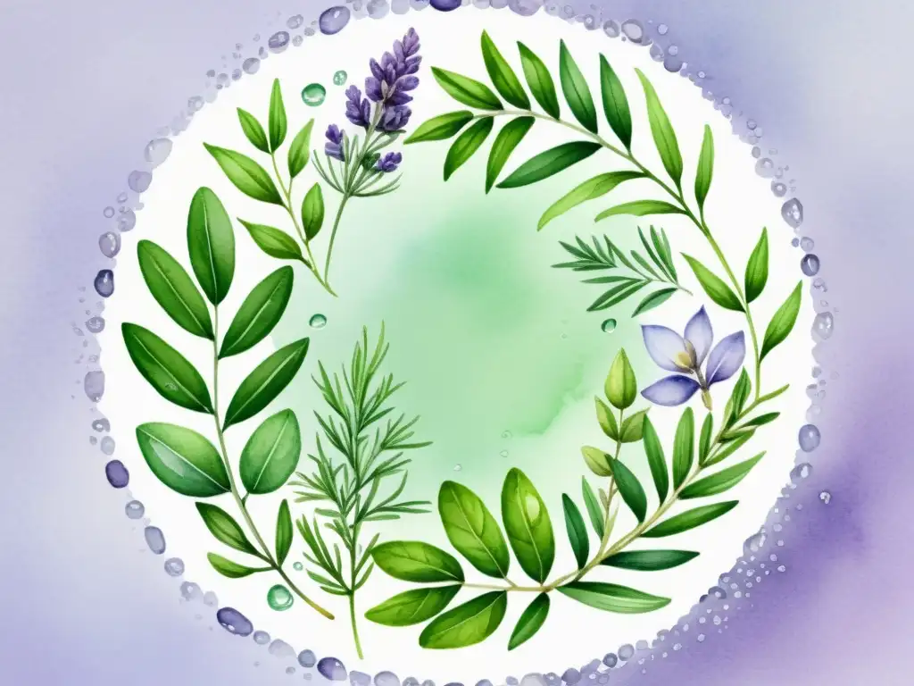 Exfoliantes naturales a base de hierbas: ilustración acuarela serena de lavanda, romero y menta, con gotas de agua en hojas brillantes