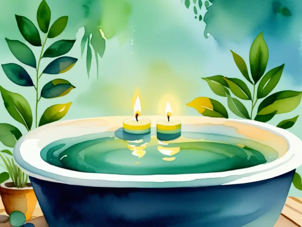 Experiencia spa con aromaterapia: ilustración acuarela detallada de un entorno tranquilo con bañera de aceites esenciales, vegetación exuberante y suave luz de velas