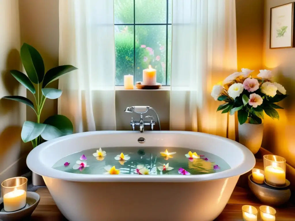 Experiencia spa con aromaterapia en acuarela: baño lujoso con velas, pétalos de flores y luz suave