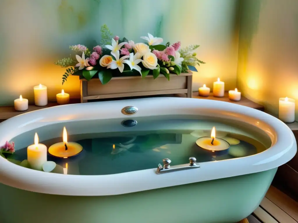 Experiencia spa con aromaterapia: Pintura acuarela de un relajante ambiente de spa con bañera y velas rodeadas de flores