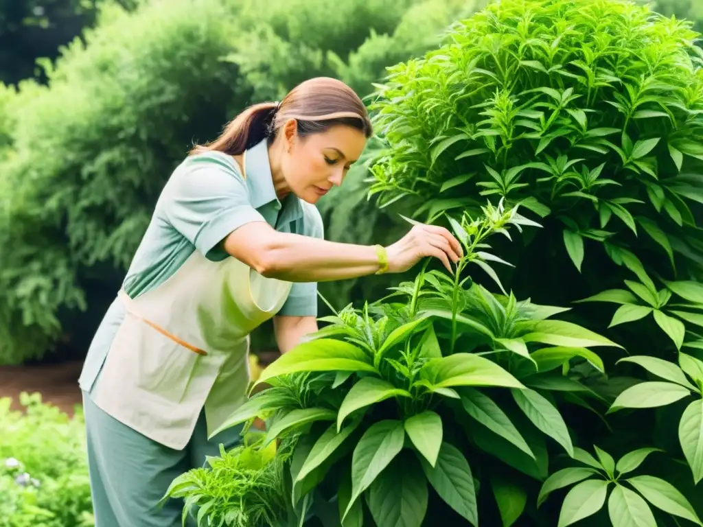 Un experto botánico podando con precisión una exuberante planta medicinal en un jardín iluminado por el sol