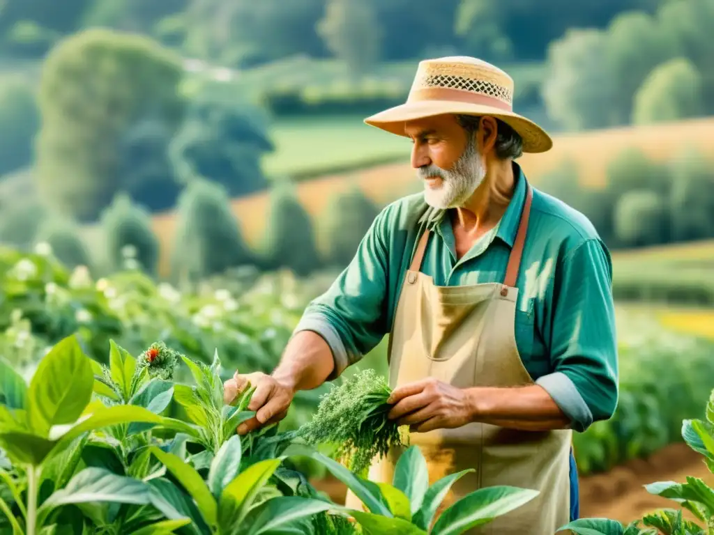 Un experto recolectando con cuidado plantas medicinales maduras en un campo exuberante y soleado, maximizando potencia