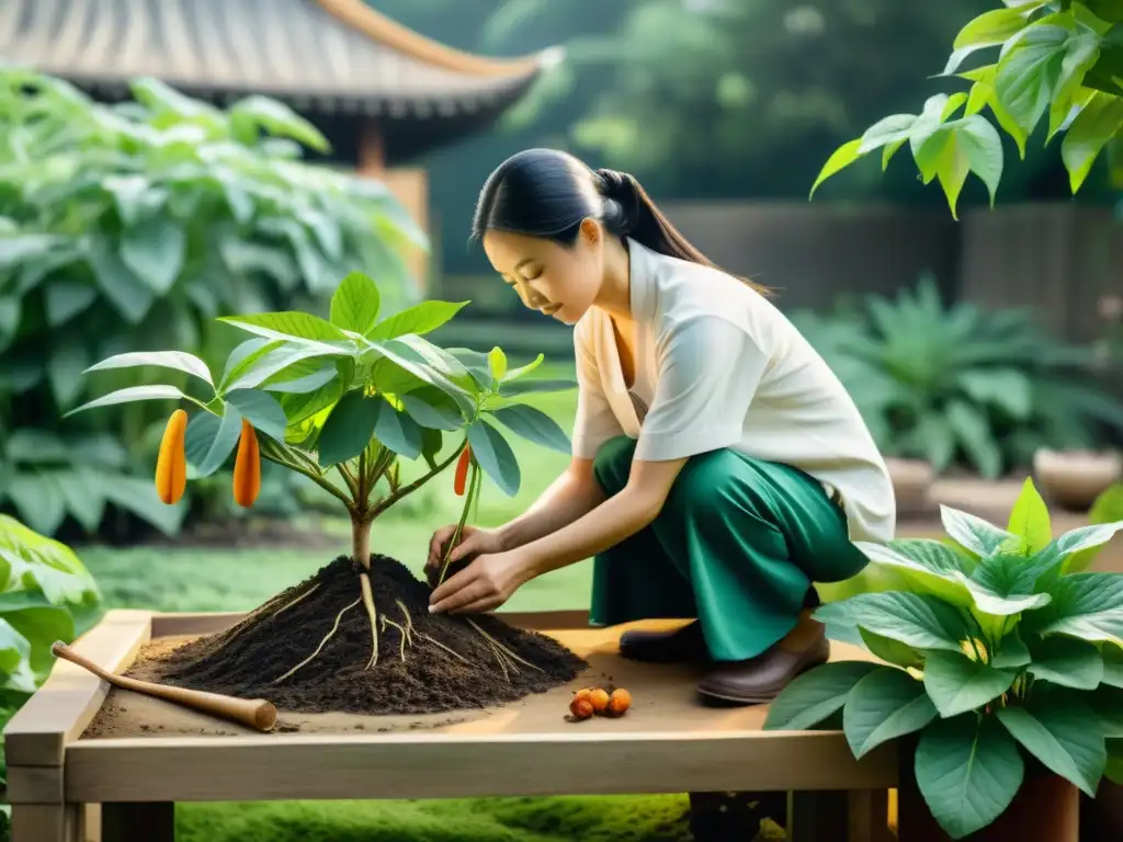 Un experto en medicina tradicional china cultiva raíces de cúrcuma en un jardín tranquilo, evocando una antigua tradición de sanación natural