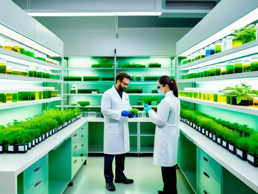 Expertos en bata blanca criopreservan muestras de plantas medicinales en un laboratorio vibrante y detallado