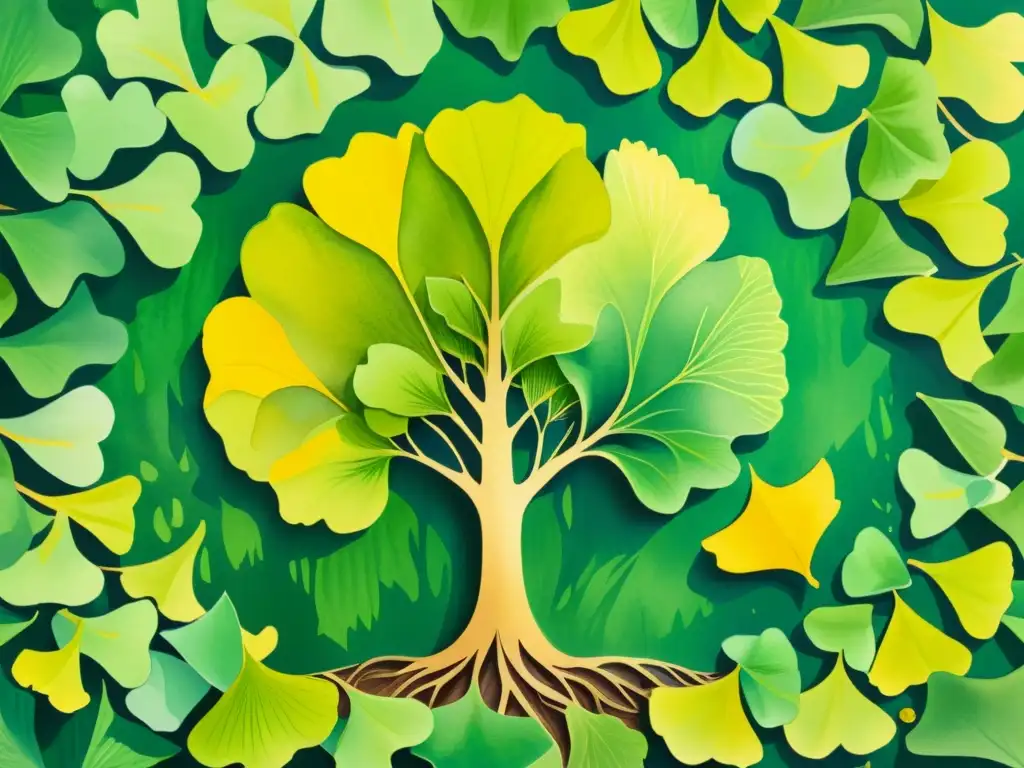 Una exquisita ilustración en acuarela de un bosque sereno, destacando un majestuoso árbol de Ginkgo Biloba