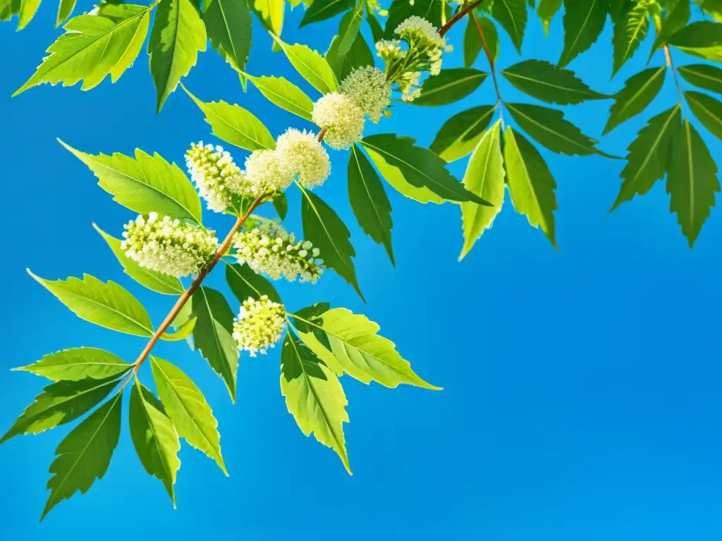 Una exquisita ilustración de acuarela detallada de un árbol de neem con hojas frondosas y flores blancas, bajo un cielo azul vibrante