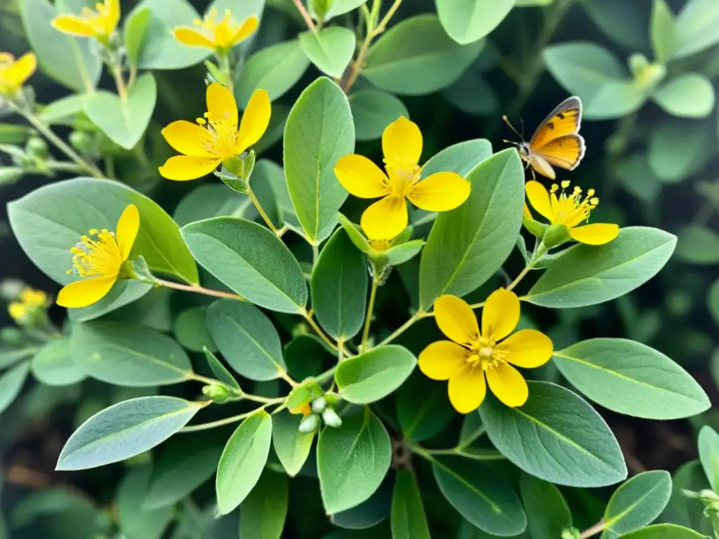 Una exquisita acuarela detallada de un vibrante campo de Hierba de San Juan, con flores amarillas y hojas verdes