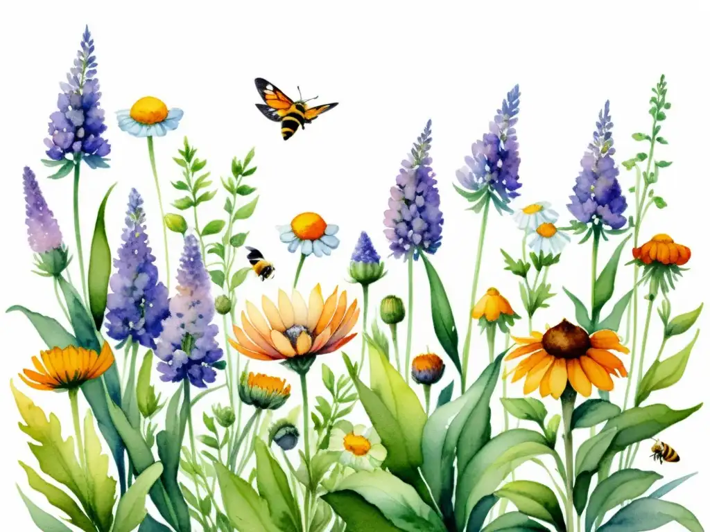Jardín medicinal: acuarela de flores vibrantes Una exquisita acuarela de un exuberante jardín lleno de vibrantes y diversas flores medicinales, como lavanda, manzanilla, equinácea y caléndula