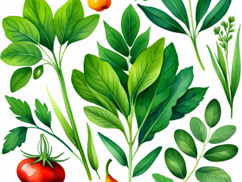 Una exquisita ilustración en acuarela de hierbas y verduras frescas, realzando su belleza natural