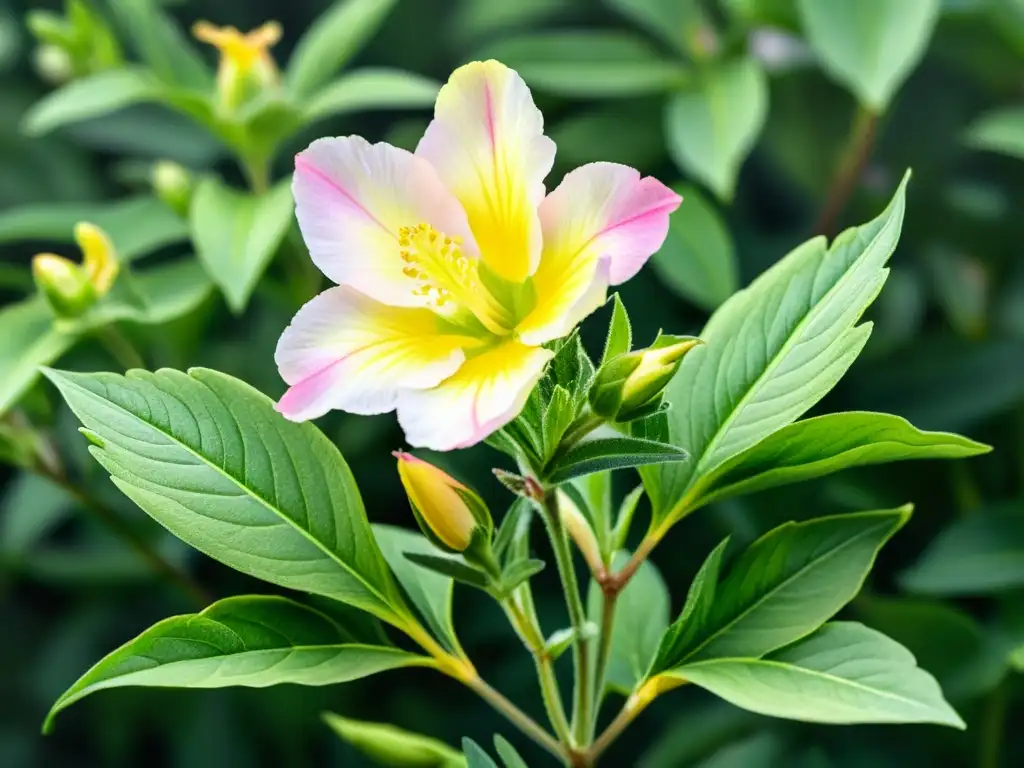 Exquisita acuarela de una planta de onagra en floración, con pétalos rosa y amarillos, hojas verdes exuberantes y un fondo de colores suaves