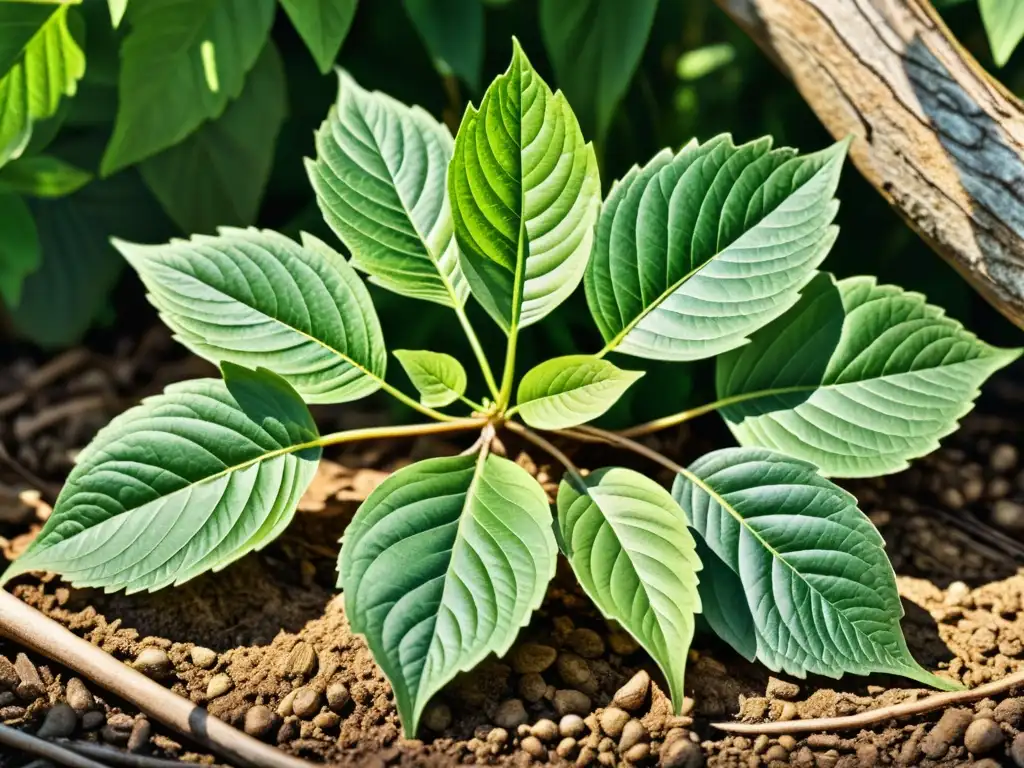 Una exquisita ilustración acuarela de una exuberante planta de ginseng, con hojas verdes vibrantes y raíces delicadas