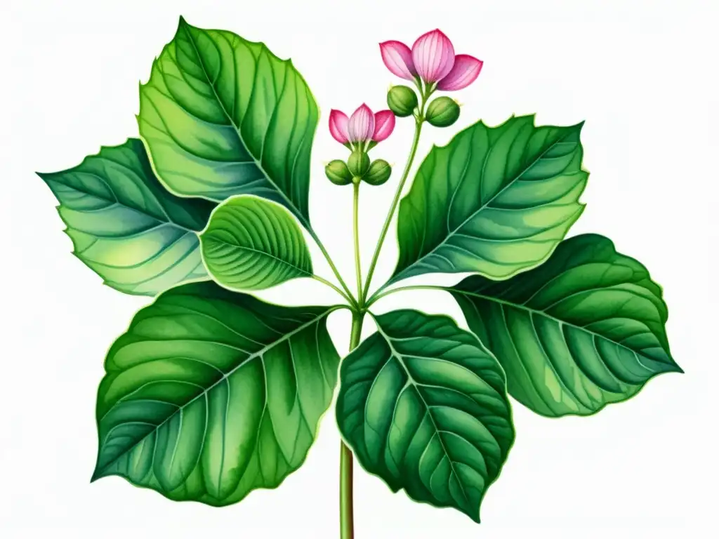 Una exquisita ilustración acuarela de una exuberante planta de Gotu Kola, con hojas delicadas en forma de abanico y pequeñas flores rosadas vibrantes