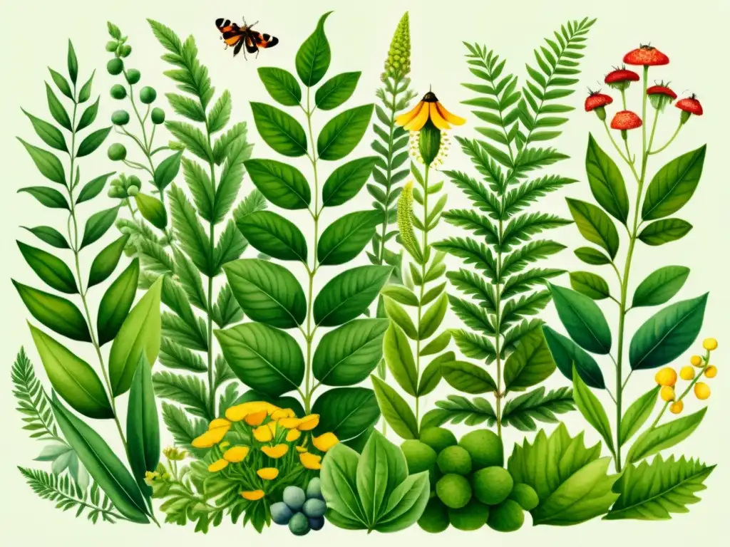 Una exquisita ilustración detallada en acuarela de un exuberante jardín lleno de plantas medicinales, con colores vibrantes y detalles intrincados