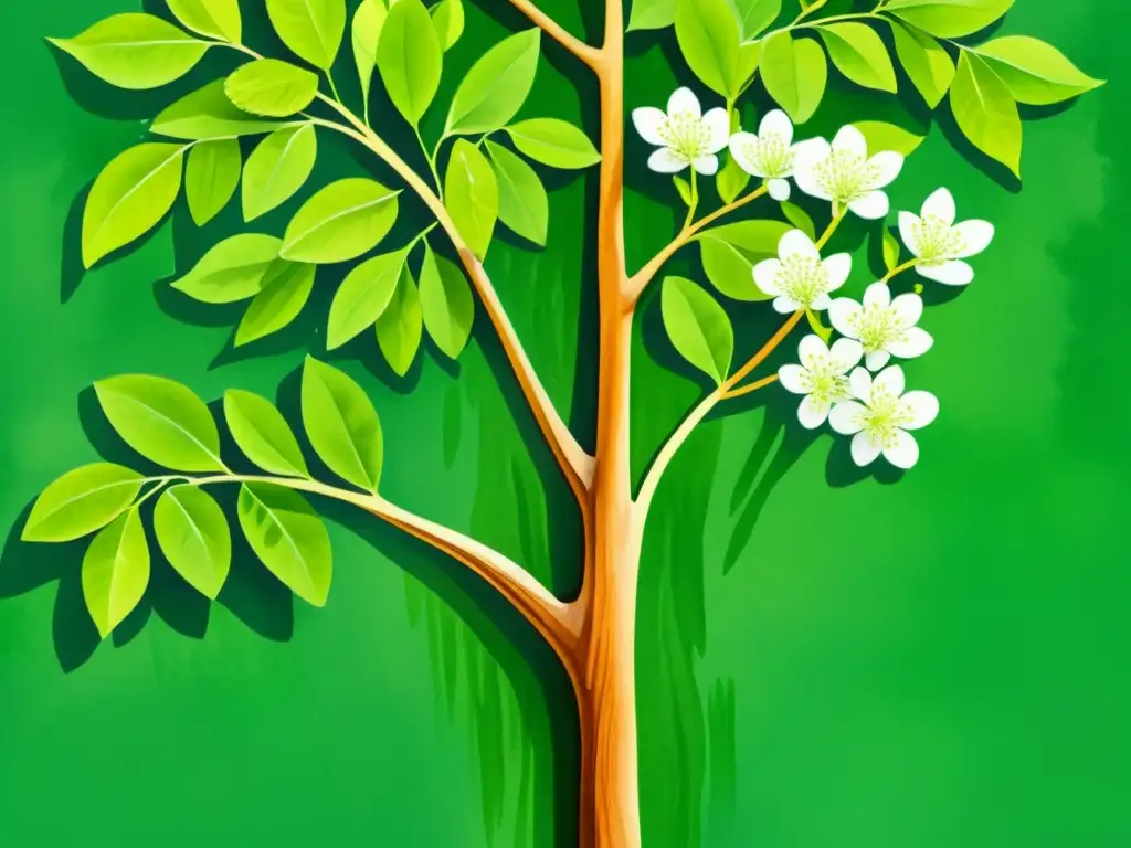 Una exquisita ilustración detallada en acuarela de un frondoso árbol de moringa, con hojas verdes vibrantes y delicadas flores blancas