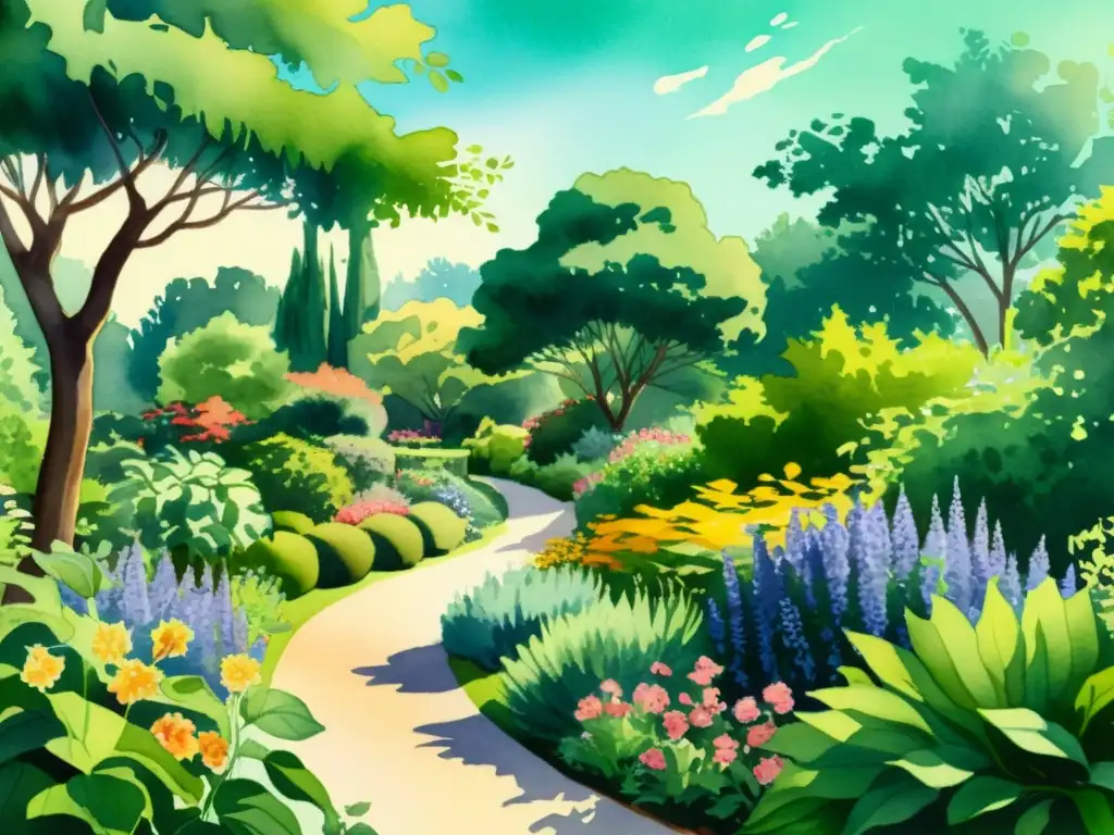 Una exquisita ilustración detallada de un exuberante jardín botánico, con diversa vida vegetal