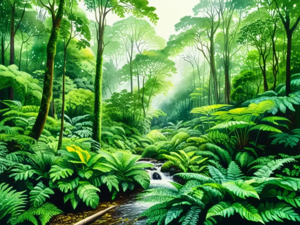 Bosque exuberante: acuarela detallada Una exquisita pintura acuarela de un bosque exuberante con representaciones culturales etnobotánicas