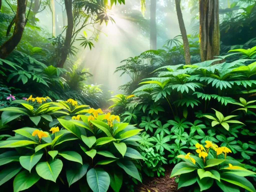 Una exquisita pintura de acuarela de un exuberante bosque tropical con plantas y flores coloridas alrededor de la damiana, resaltando el efecto afrodisíaco de la damiana en su hábitat natural