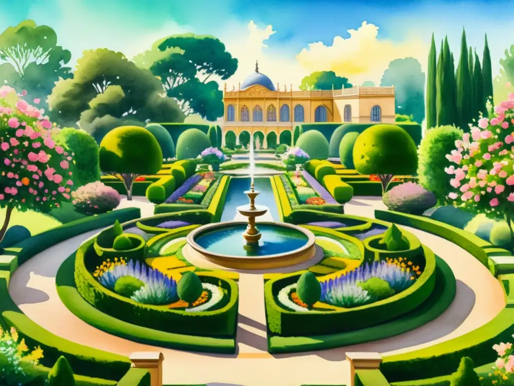 Jardín Real: Acuarela Detallada de Esplendor y Serenidad Una exquisita pintura en acuarela de una opulenta herbolaria en la Corte Real, con jardines vibrantes y nobles paseando