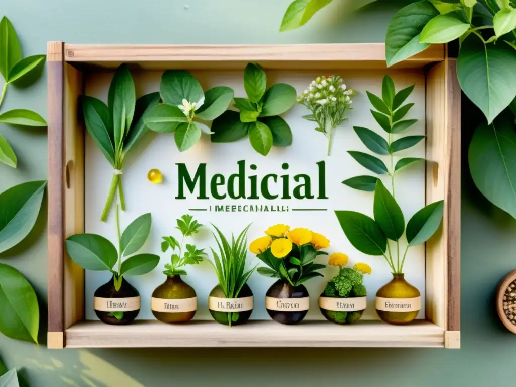 Una exquisita ilustración acuarela de plantas medicinales en una caja de madera