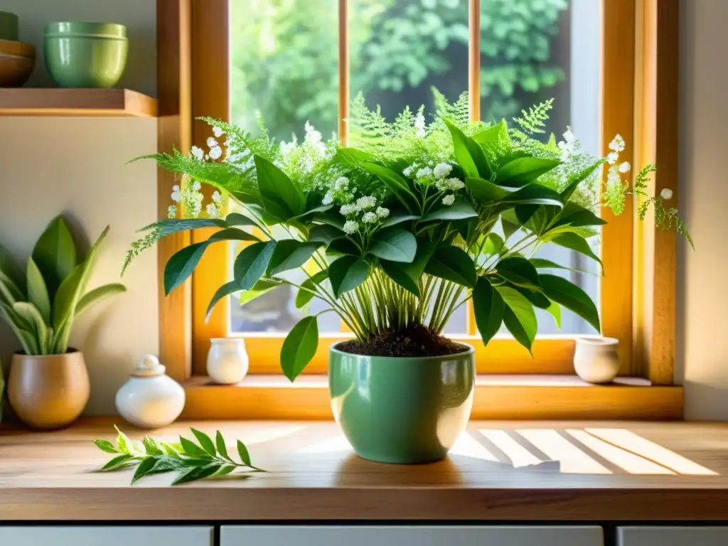 Un exquisito cuadro de acuarela detallado de una exuberante planta de perejil, con hojas delicadas y flores blancas, en una escena de cocina rústica