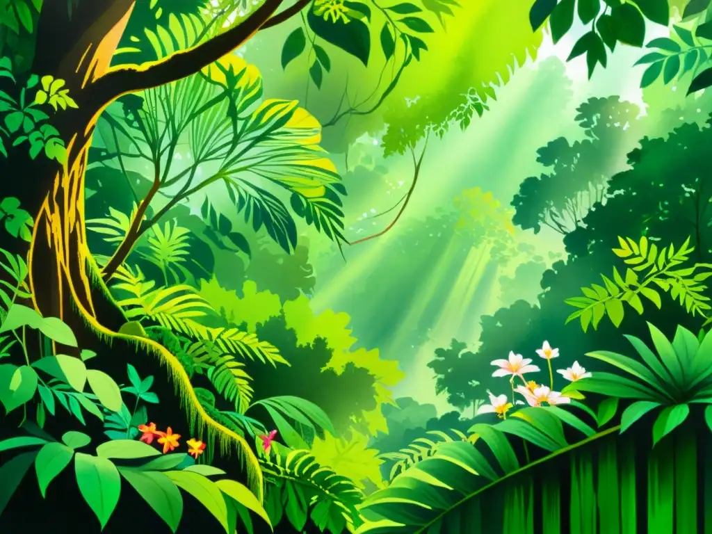 Un exquisito paisaje de selva tropical, con plantas y flores éticamente obtenidas, pintado en acuarela