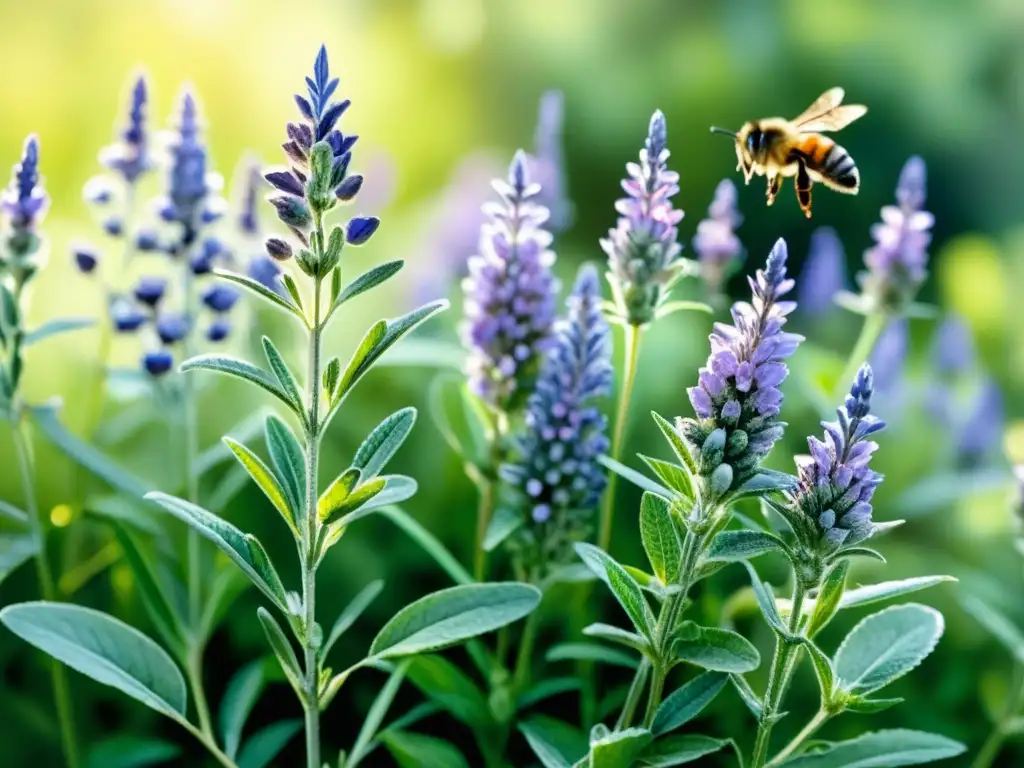 Extracciones de hierbas aromáticas para perfumes naturales en jardín de ensueño con luz suave y vida silvestre