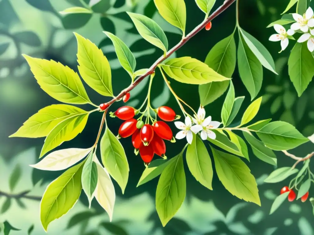 Exuberante ilustración en acuarela de una planta de bayas goji, con hojas verdes vibrantes, flores blancas y bayas rojas maduras