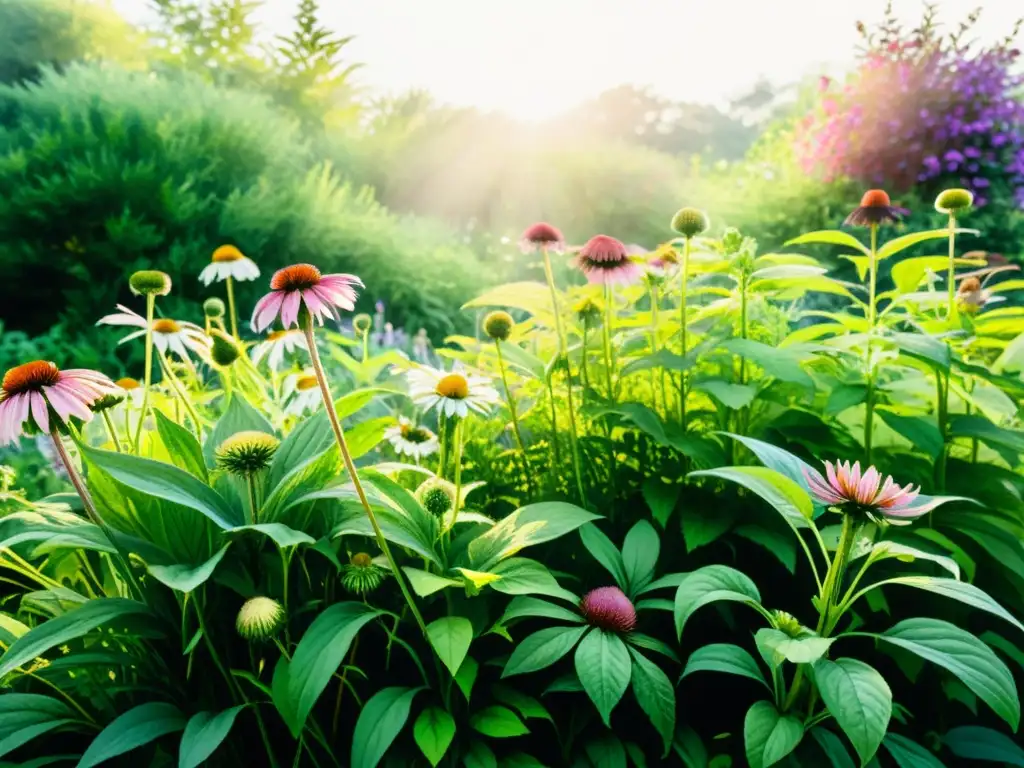 Un jardín herbal exuberante en acuarela, con plantas saludables y control de microorganismos patógenos en plantas medicinales