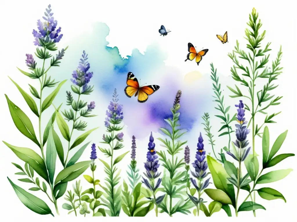 Jardín aromático: naturaleza exuberante y vida vibrante Maravillosa ilustración acuarela de un exuberante jardín aromático