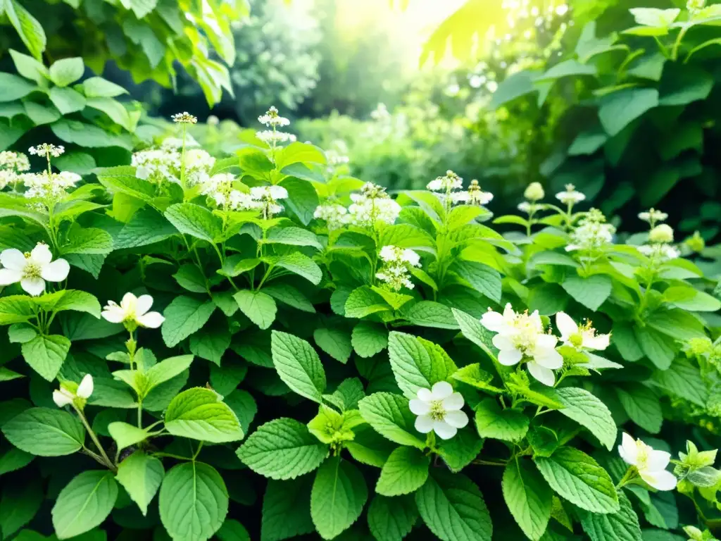 Un jardín exuberante de Melisa con beneficios medicinales, bañado por la luz del sol y visitado por abejas y mariposas